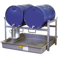 Keg stand for two lying kegs with collection container